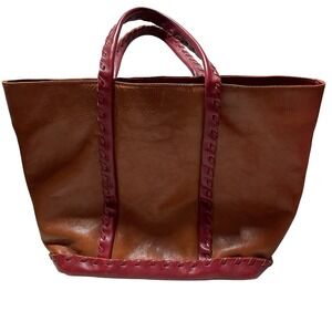 Maurizio Taiuti Italy Leather Tote Bag Cognac‎ body and Red Whipstitch Trim